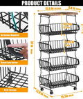 Product details of Five Tier Stackable Fruit And Veggie Storage Baskets With Wheels, highlighting dimensions and design features