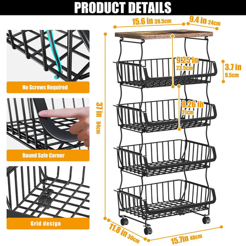 Product details of Five Tier Stackable Fruit And Veggie Storage Baskets With Wheels, highlighting dimensions and design features