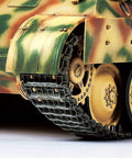 Detailed close-up of the tank tracks and wheels from 1:35 Scale Panzer Panther Ausf. D Military Vehicle Model Kit With Commander Torso And Crew Figures, Three Battle Markings, Dope Decals And Photo-Etch, Paints Not Included, Tools Not Included, Glue Not Included, Sd.Kfz.171 Build.