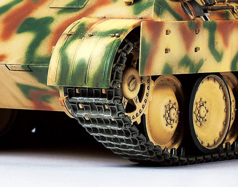 Detailed close-up of the tank tracks and wheels from 1:35 Scale Panzer Panther Ausf. D Military Vehicle Model Kit With Commander Torso And Crew Figures, Three Battle Markings, Dope Decals And Photo-Etch, Paints Not Included, Tools Not Included, Glue Not Included, Sd.Kfz.171 Build.