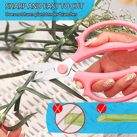 Close-up of Three Pack Garden Flower Scissors Stainless Steel Floral Shears With All Day Comfort Grip cutting plant stem