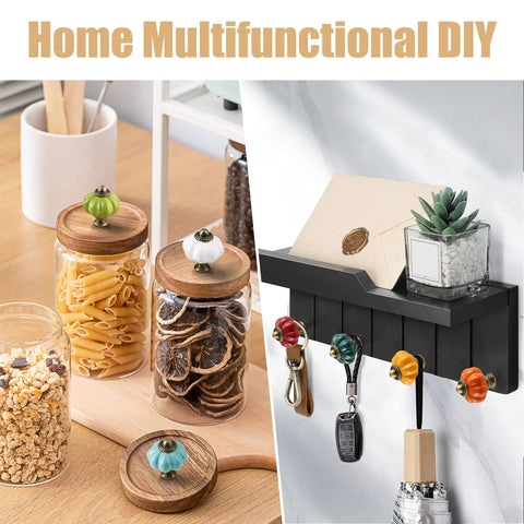 Home DIY hooks with assorted ceramic pumpkin knobs, including orange, on wooden shelf and glass jar lids in kitchen decor.