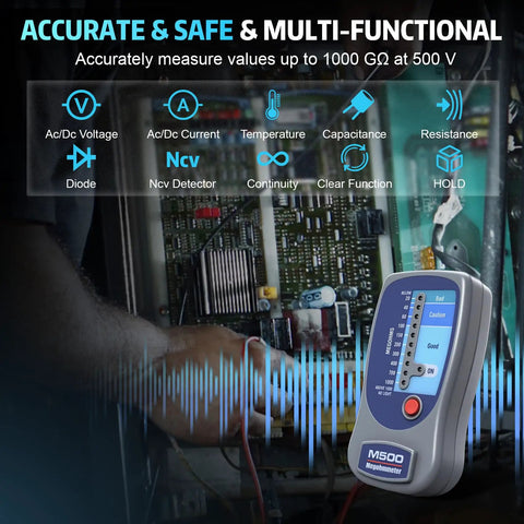 Pro Grade Insulation Resistance Tester Up To 1000 Megohms At 500V Durable Megohmmeter measuring HVAC system board