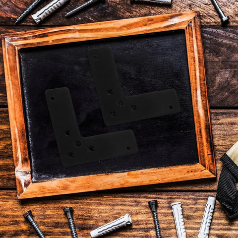 Black Stainless Steel L Shaped Corner Braces Set Of 10 on wood background with screws