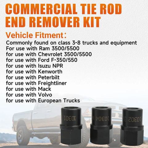 Heavy Duty Tie Rod End Remover Kit With Three Removal Tools For 7/8 14, 3/4 16 And M20 By 1.5 Threaded Ends, Perfect For Class 3 Through 8 Trucks And Heavy Equipment, Built Tough For Quick Leverage And Long Lasting Performance On The Shop Floor. black steel tie rod end remover tools for class 3-8 trucks