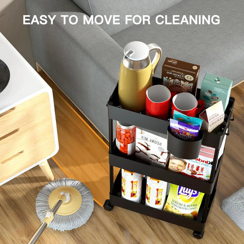 Slim 3 Tier Rolling Storage Cart On Wheels For Narrow Spaces Ideal For Bathroom Kitchen Laundry Room Black Space Saver Organizer With Easy Glide Wheels next to sofa