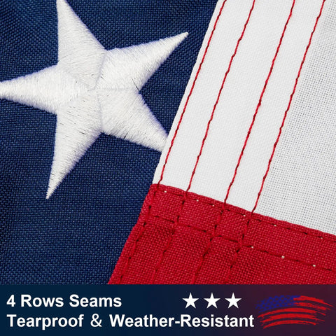 Close-up of outdoor 3x5 ft American flag showing tearproof seams and embroidered stars on UV weather-resistant polyester.