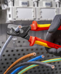 StepCut XL Cable Shears 1000V Insulated 9 Inch Beefy High Leverage Cable Cutters trimming copper wire near electrical panel