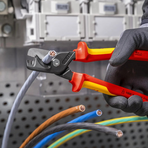 StepCut XL Cable Shears 1000V Insulated 9 Inch Beefy High Leverage Cable Cutters trimming copper wire near electrical panel