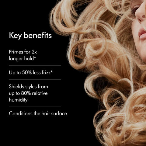 Benefits of Chitosan Pre Style Cream For Straight To Wavy Hair With Light Conditioning 100ml Delivers 2x Longer Hold And Up To 50 Percent Less Frizz Ideal For Thin Strands Lightweight Formula For Easy Smooth Styling shown beside wavy hair.