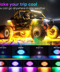 2 Pack 3ft LED Whip Light And 4 Rock Light Combo Kit with bright colorful lights on UTV in night trail