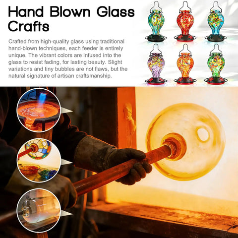Hand Blown Glass Hummingbird Feeder For Outdoors Hanging 24oz Nectar Bottle With Ant Moat Perch Bee Resistant Ports Backyard Garden Decor Gift For Women Mom Beautiful Hand Crafted Finish Drip Free being crafted and finished.