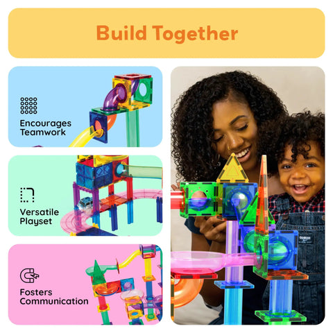 Parent and child playing with Magnetic Marble Run Set With Building Tiles And Race Track Slides Three In One STEM Learning Toy For Indoor Fun Kids Age Three Plus 108 Piece Construction Kit.