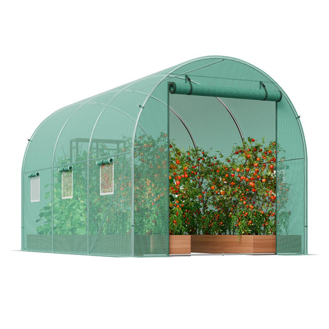 Beefed-Up Walk-In Tunnel Greenhouse With Galvanized Steel Frame And Green PE Cover, 9.6 By 6.4 By 6.2 Feet Hoop House With Roll-Up Zipper Door And Six Windows For Outdoor Plant Growing And Garden Season Extension