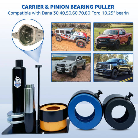 HKTE carrier and pinion bearing puller kit for Dana 30–80 and Ford 8.8–10.25 bearings; clamshell carrier puller.