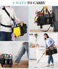 Rolling Cleaning Caddy On Wheels With Hard Bottom And Wearable Tote Handles shown with four carry options filled with supplies.
