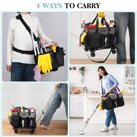 Rolling Cleaning Caddy On Wheels With Hard Bottom And Wearable Tote Handles shown with four carry options filled with supplies.