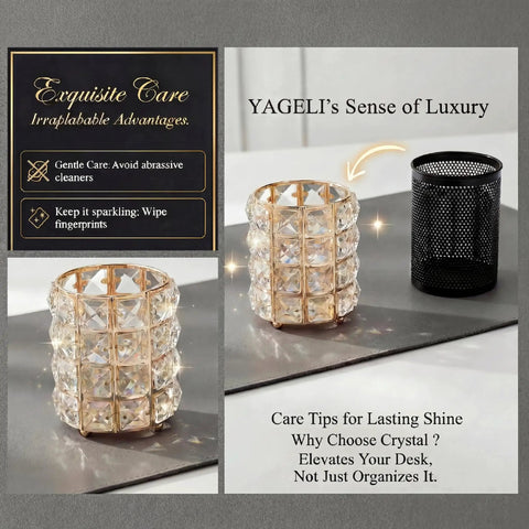 Crystal Pen Holder For Desk With Gold And Silver Metal Base next to black mesh cup, modern office organizer, shines under lighting