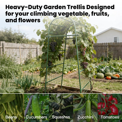 7 Foot Tall Garden Arch Trellis For Outdoor Climbing Plants Heavy Duty Metal Archway Arbor with vegetables and flowers