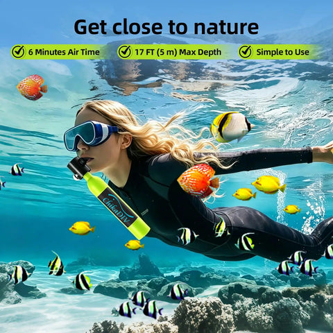 Woman snorkeling using Compact 0.5L Mini Scuba Tank Portable Reusable Underwater Breathing Pony Bottle With DOT Certification Green