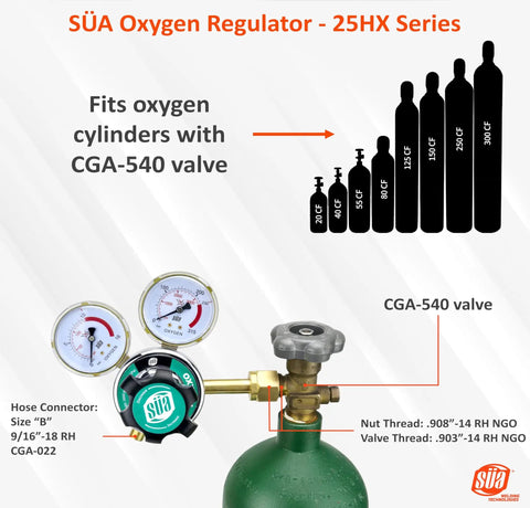 Heavy Duty Oxygen Regulator For Welding Gases With Forged Brass Body Chrome Bonnet UV Resistant Knob Built To Last CGA 540 Inlet Fits Oxygen Tanks 25HX Series, shown attached to oxygen cylinder
