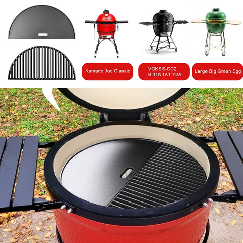 18 Inch Half Moon Cooking Grate And Reversible Griddle For Kamado Joe Classic I II III Large Big Green Egg Vision Grill B11N1A1 Y2A VGKSS-CC2 Stand Alone Solo Stove Grill Heavy Duty Outdoor Kitchen Accessory shown on a grill.