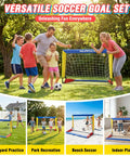Family playing with Backyard Kid Friendly Soccer Goal Set Pack Of Two Portable Pop Up Nets With Ball And Cones Complete Training Gear