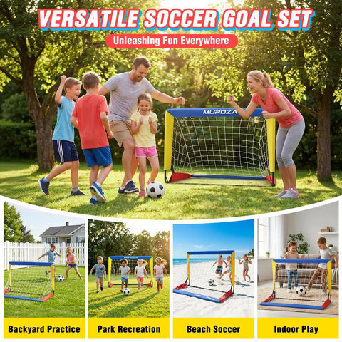 Family playing with Backyard Kid Friendly Soccer Goal Set Pack Of Two Portable Pop Up Nets With Ball And Cones Complete Training Gear