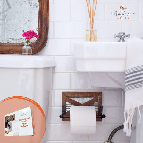 Rustic Farmhouse Toilet Paper Holder Wall Mount In Warm Brown Wood With Galvanized Metal And Black Finish For Western Style Bathroom Decor And Down Home Country Vibe, displayed in a styled bathroom scene.