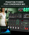 6 Channel Portable Mixer With 320 DSP Effects 48V Phantom Power Bluetooth Sound Card in studio with singer