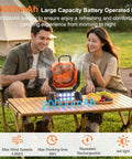 Cordless Camping Fan With 20000mAh Battery, LED Light, Remote, And USB Powerbank in use on picnic table with drinks
