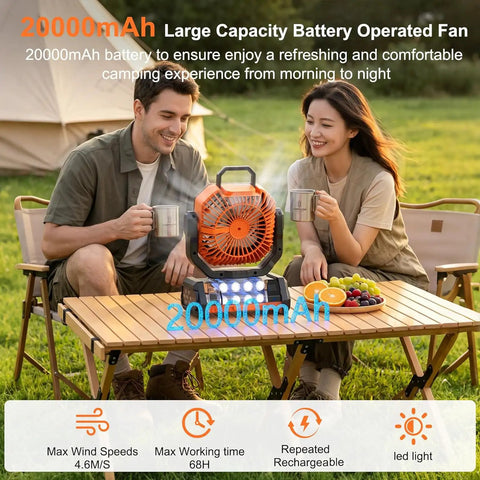Cordless Camping Fan With 20000mAh Battery, LED Light, Remote, And USB Powerbank in use on picnic table with drinks