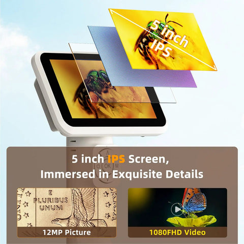 Portable Coin Digital Microscope With 5 Inch IPS Screen Hands On Style For Adults And Kids, Anti Shake Design, 8 LED Illumination, 1080P Video, 1800mAh Battery, PC View, And 7.3 Inch Metal Stand, 5-inch IPS display