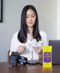 See Clear Original Lens Cleaning Wipes pack, yellow pouch with purple label, for eyeglasses and screens.