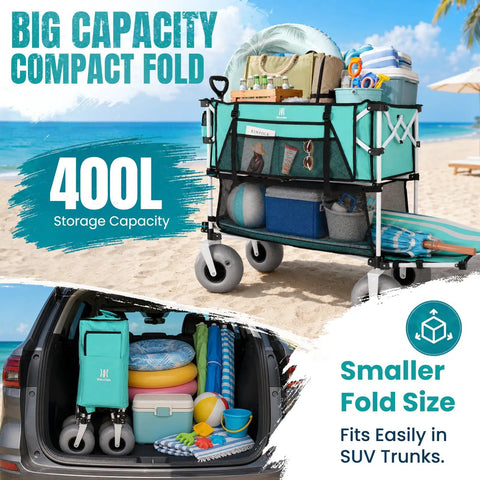 Heavy Duty 500 Lb Double Decker Wagon Cart With 9 Inch Balloon Wheels For Sand Collapsible Beach Cart on beach loaded with gear