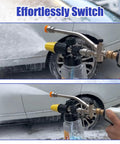 Two images of Foam Cannon Dual Connector Attachment For Pressure Washers With Five Sprayer Nozzles and quarter inch quick connect.