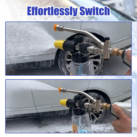 Two images of Foam Cannon Dual Connector Attachment For Pressure Washers With Five Sprayer Nozzles and quarter inch quick connect.