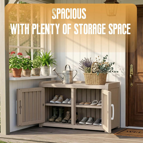 Waterproof UV Resistant Shoe Cabinet Storage Bench Indoor Outdoor With Adjustable Shelves Double Door Grey