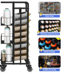 Heavy Duty Metal Spray Paint Storage Rack Eight Tier Lube Can Organizer Hella Sturdy Workshop Shelf With Thirty Two Slots Fits Aerosols And Beverages For Tight Garage Spaces, side view with spray cans.