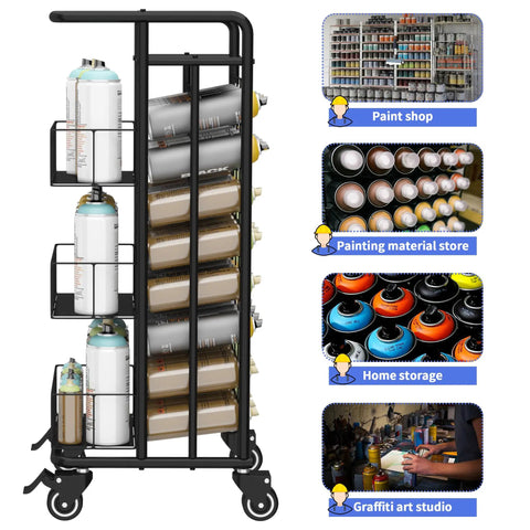 Heavy Duty Metal Spray Paint Storage Rack Eight Tier Lube Can Organizer Hella Sturdy Workshop Shelf With Thirty Two Slots Fits Aerosols And Beverages For Tight Garage Spaces, side view with spray cans.
