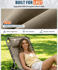 Woman relaxing on Face Hole Tanning Lounge Chair For Outdoors Folding Chaise Lounger with durable beige fabric outdoors