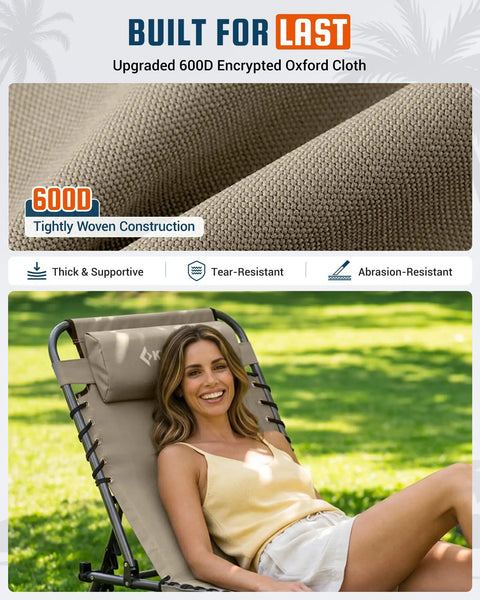 Woman relaxing on Face Hole Tanning Lounge Chair For Outdoors Folding Chaise Lounger with durable beige fabric outdoors