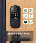 Smart Door Lock B200 With Keyless Entry, Fingerprint Scanner, Touchscreen Keypad, And App Control installed on a wooden door