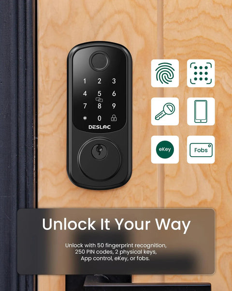 Smart Door Lock B200 With Keyless Entry, Fingerprint Scanner, Touchscreen Keypad, And App Control installed on a wooden door