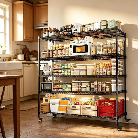 Beefy 5 Tier Rolling Wire Shelving Unit On Wheels 36 Inch Wide By 14 Inch Deep By 73 Inch High Adjustable Shelf Heights 1750 Lb Capacity Metal Garage Kitchen Pantry Storage Rack For Warehouse Use in kitchen with pantry items