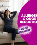 Woman relaxing on couch with text 'Allergen & Odor Reduction', promoting MERV 11 Pleated Air Filter 20x30x1 Four Pack for Home HVAC and Furnace.