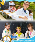 Kids in lab coats wearing 40 Piece Science Enamel Pins Set For Backpacks And Bags, 20 Fun Lab Theme Badges, Cute Kawaii Scientist Pins.