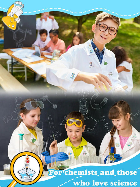 Kids in lab coats wearing 40 Piece Science Enamel Pins Set For Backpacks And Bags, 20 Fun Lab Theme Badges, Cute Kawaii Scientist Pins.