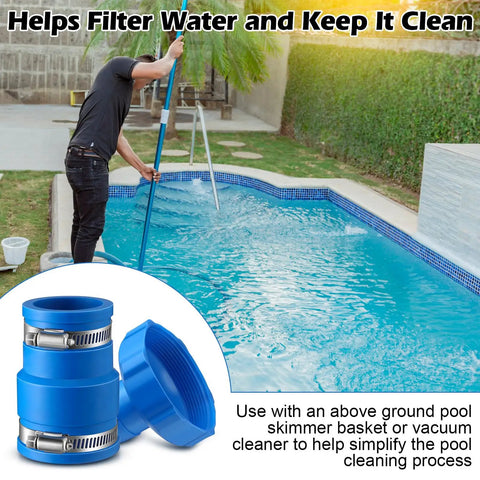 Person cleaning pool with Ultimate Pool Vacuum Hose Adapter Kit 1.5 Inch Connector, shown with blue adapter and clamps.