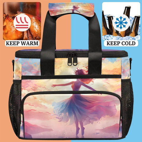 Insulated Picnic Backpack For Women And Men With Large Lunch Box featuring vibrant design and insulation, showing keep warm and cold signs.